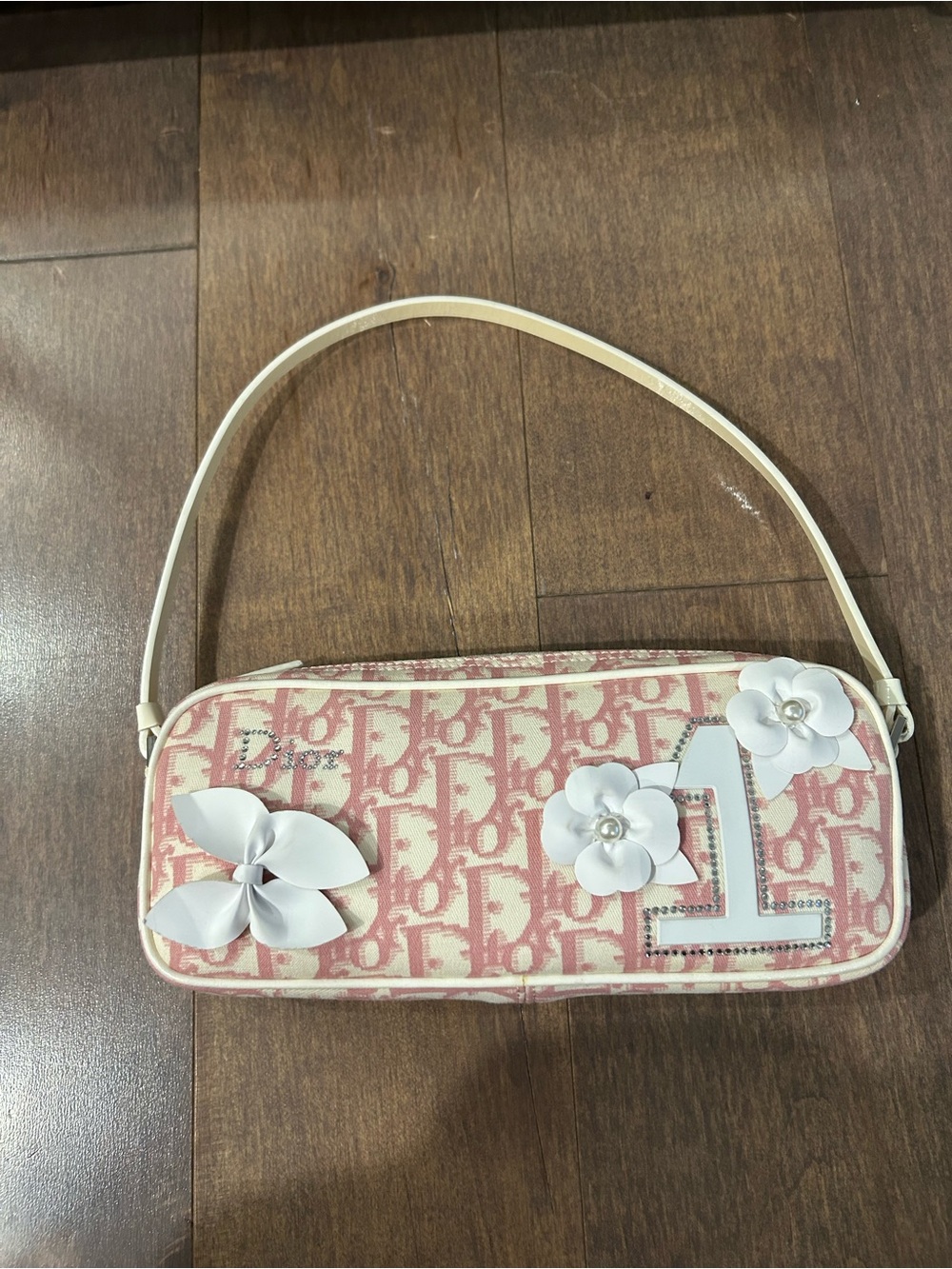 Dior Pink Logo Jacquard Mini Shoulder Bag with White Floral Appliqués